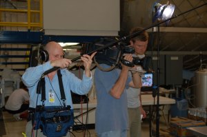 A rare shot with me in it. We're interviewing the ECLSS director, Bob Badigan. Crew, L-R, Brian Gilbert, audio, Steve Bonser, Director, Mark Molesworth, camera.