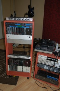 My completed rack with some of the equipment installed. The two blank panels below the 900 rack are for a pair of Universal Audio 1176 compressors that I'm building.