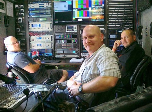 In Encompass Five sat production truck. We're smiling because we're done. Left to right,  engineer Shaun Flowers, Brian Gilbert, and  engineer Alan Rogers.